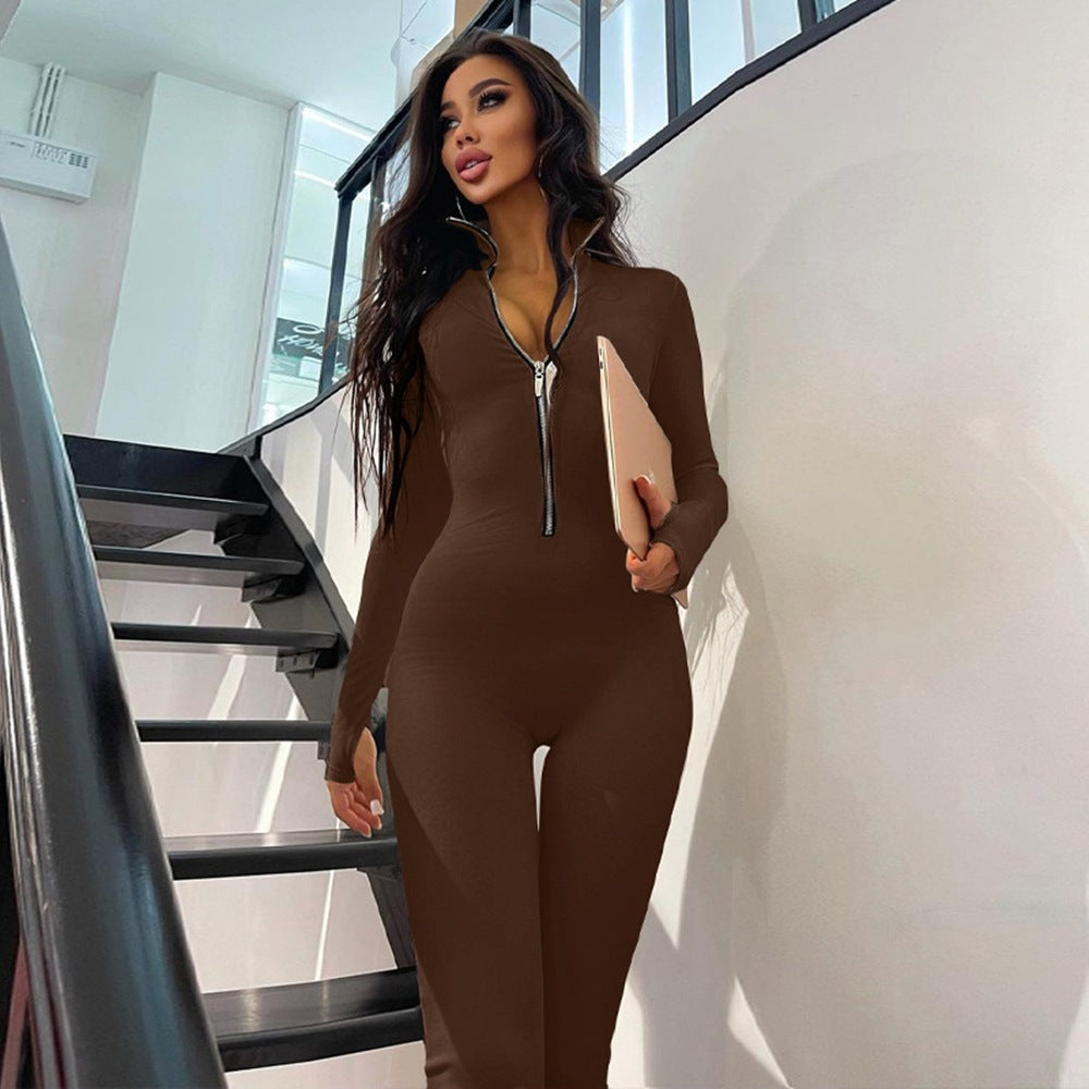 Women long-sleeved metal zipper sports Jumpsuit 4