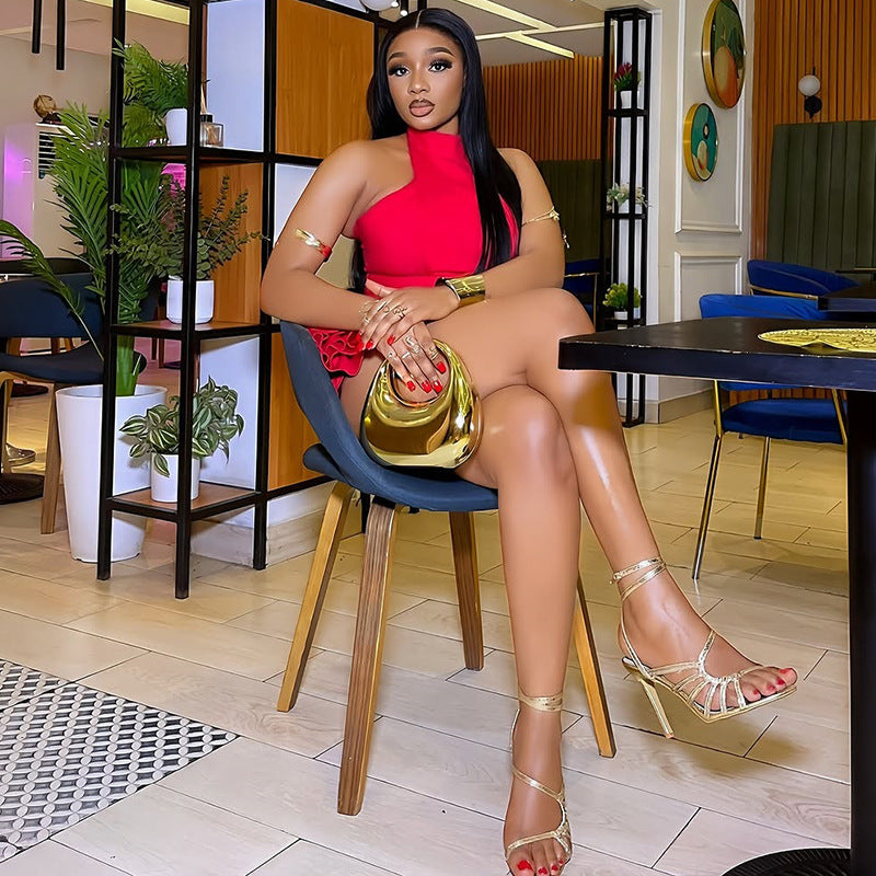 Women's Solid Color Fashion Fluffy Ruffled Cascading Stand Collar Sleeveless Short Dress 4