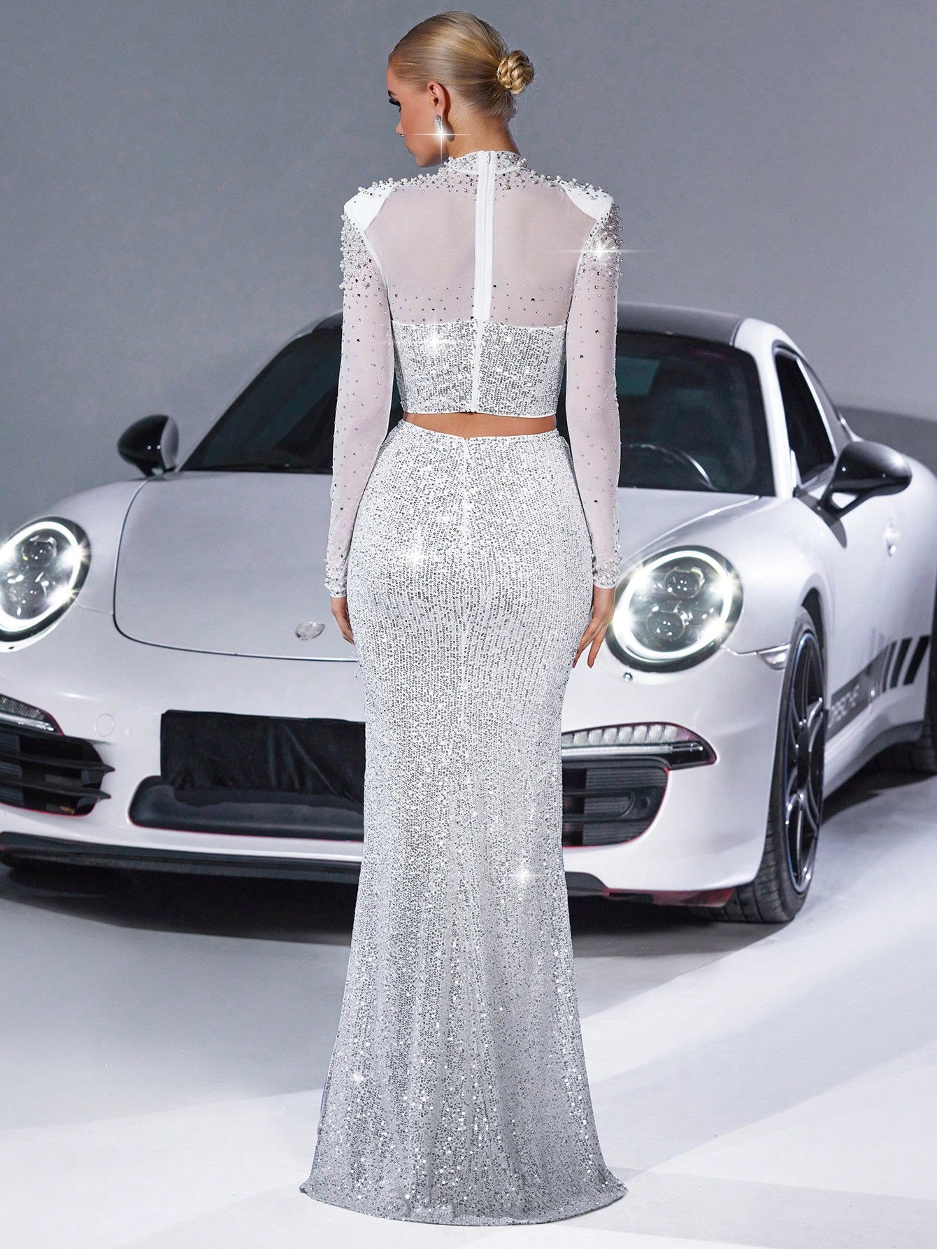 Elegant Women's Pearl-Embellished Long-Sleeve Lace Sheer Top & Long Skirt Set 3