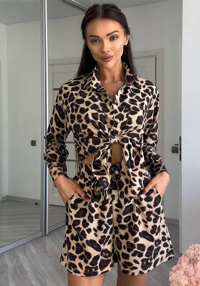 Summer Leopard Print Long Sleeve Shirt And Shorts Two-piece Set