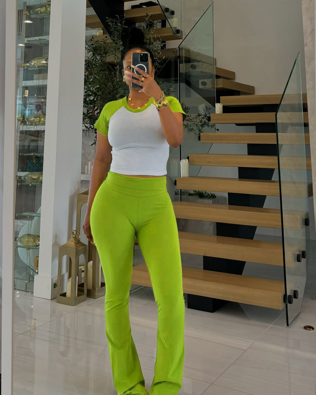 Women American Contrast Raglan Sleeve Casual Sports Yoga Top and Long Pants Two-Piece Set