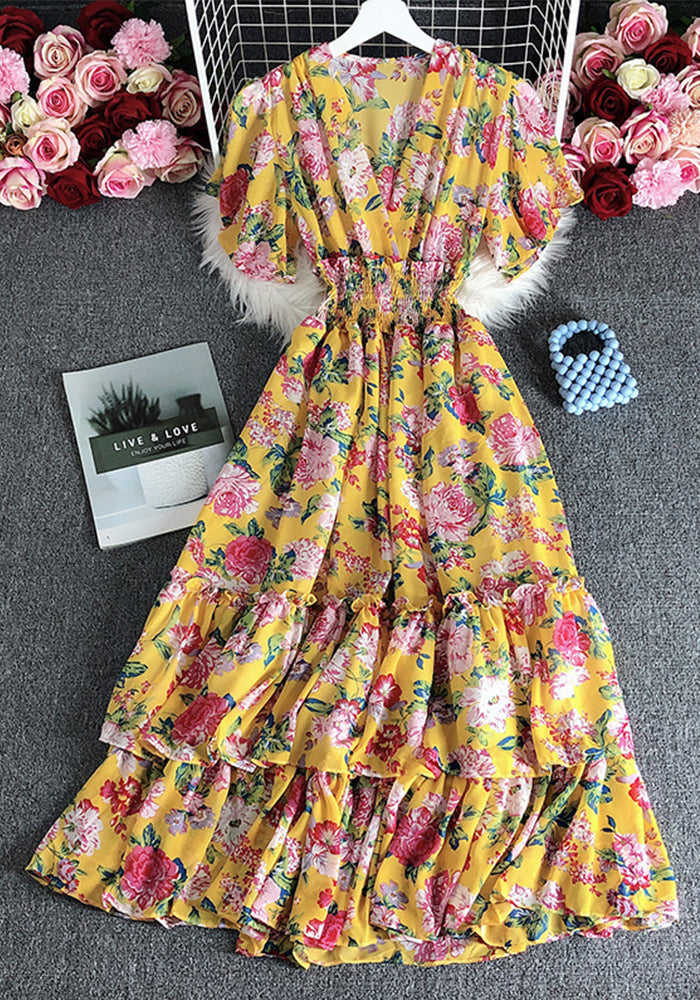 Floral V-Neck Ruffled High-Waist Slim Fit Print Maxi Dress