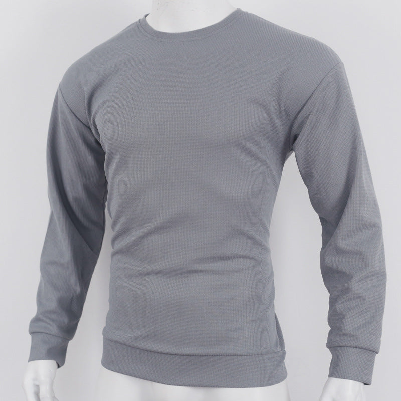 Men's Autumn and Winter Sports Solid waffle Round Neck Top 15