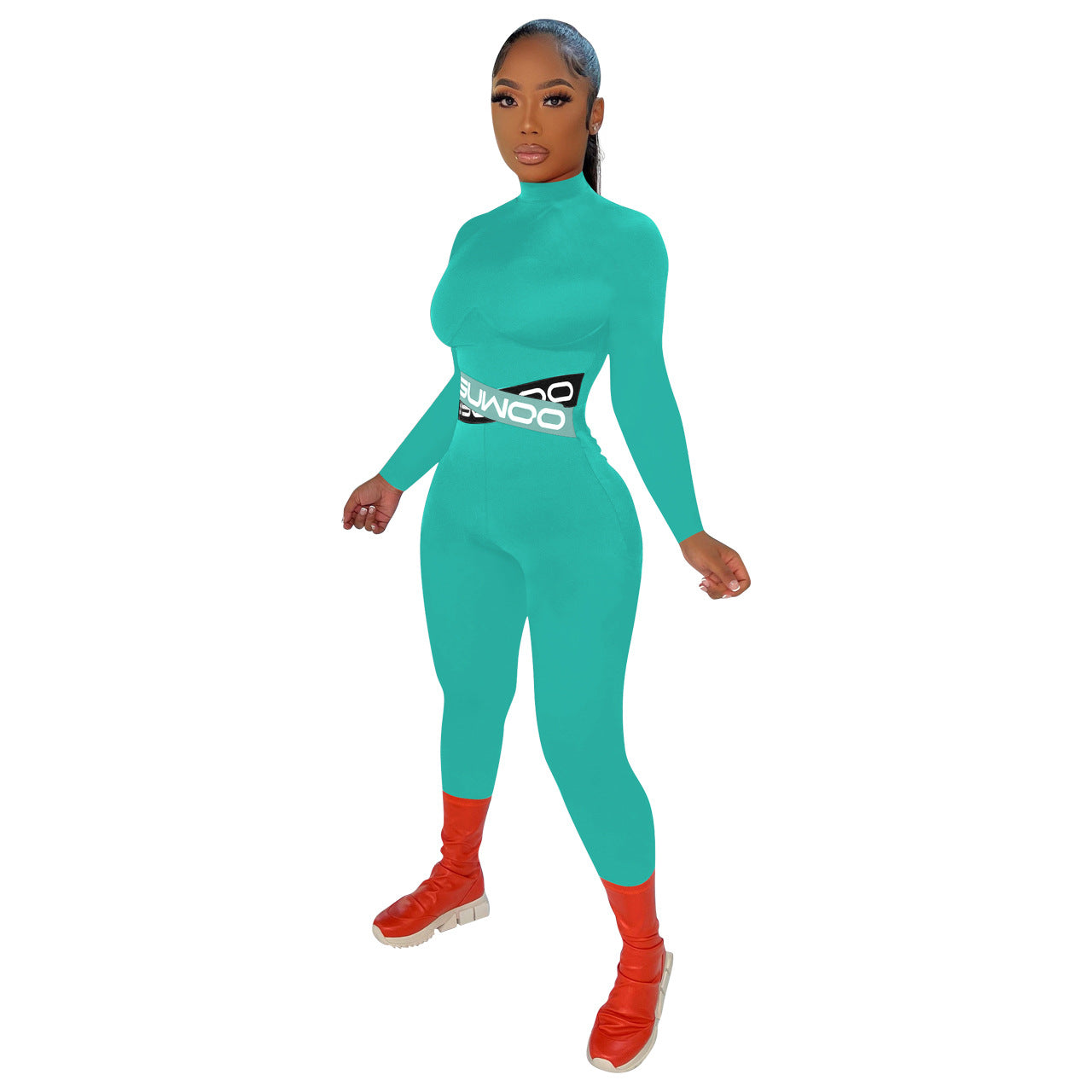 Women Sexy Letter Print Solid Color Long Sleeve Jumpsuit 9