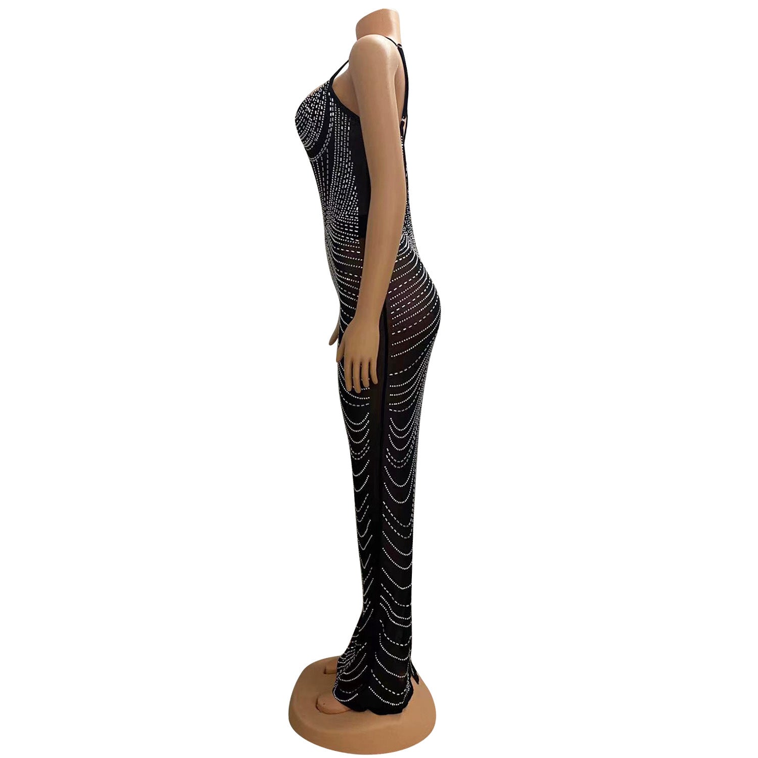 Women's Solid Color Mesh Beaded Straps Maxi Dress 11