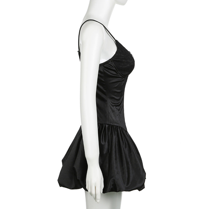 Women Sexy Solid Color V-Neck Lace Patchwork Slim Waist A-Line Strap Dress 8