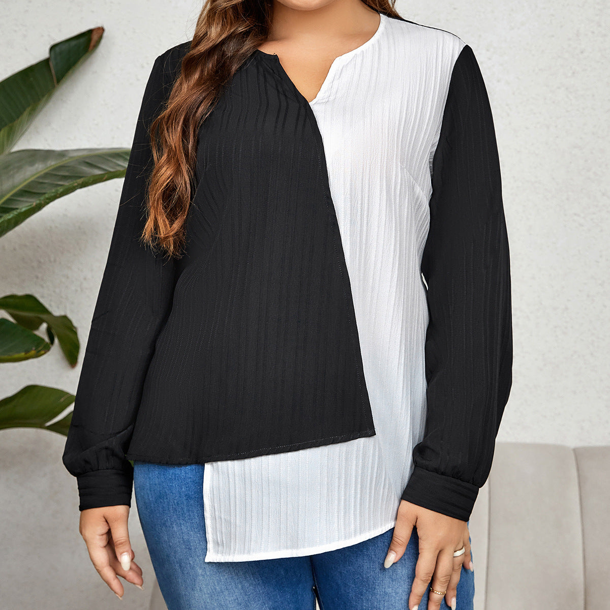 Plus Size Women Color Block Irregular Long Sleeve Shirt 3