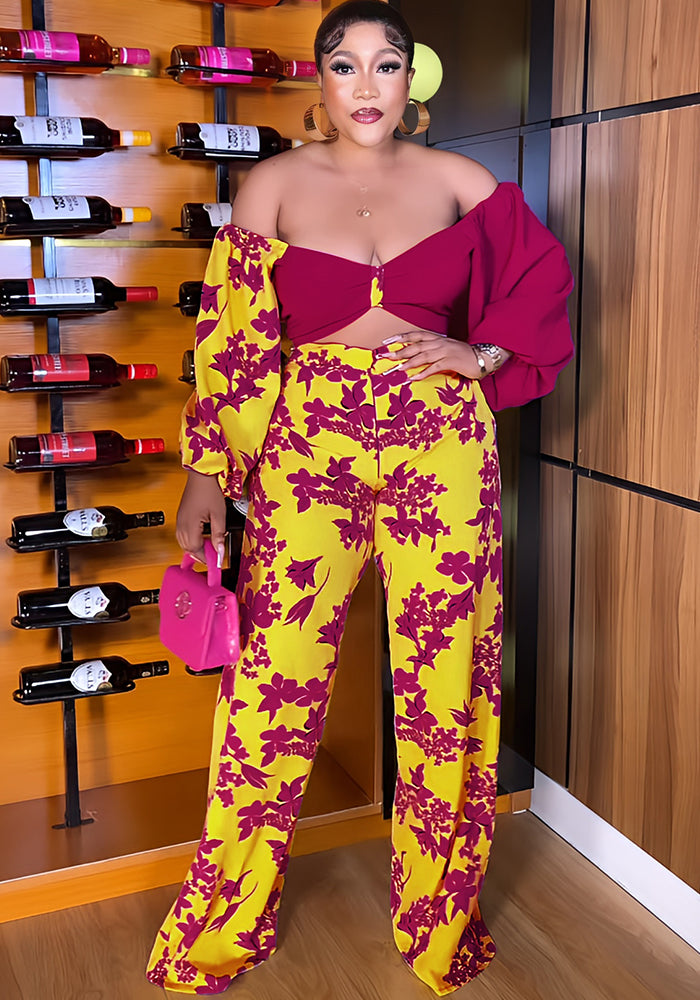 Patchwork Off Shoulder Long Sleeve Fashion High Waist Print Hollow Out Casual Jumpsuit