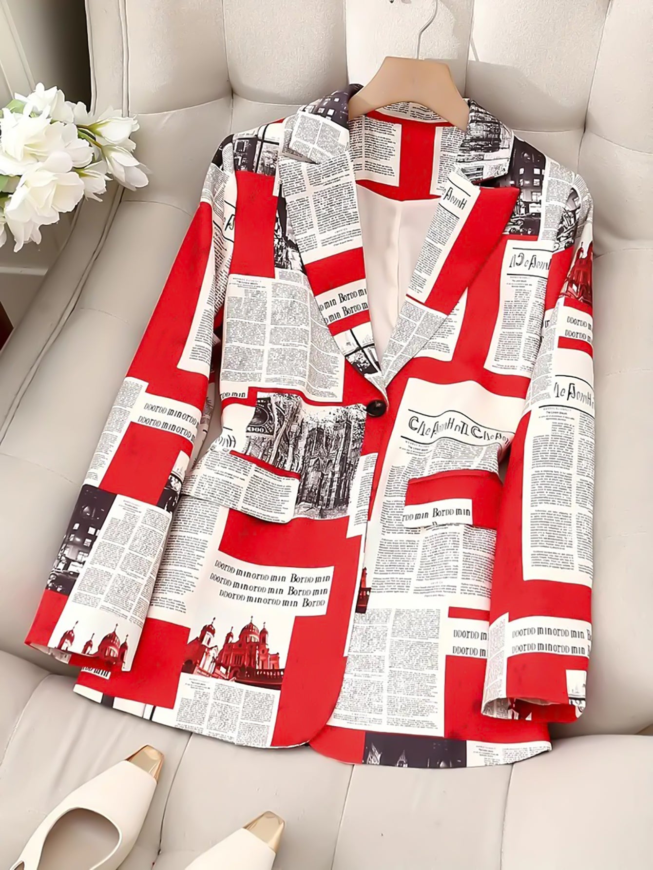 Women Red Geometric Turndown Collar Casual Letter Blazer