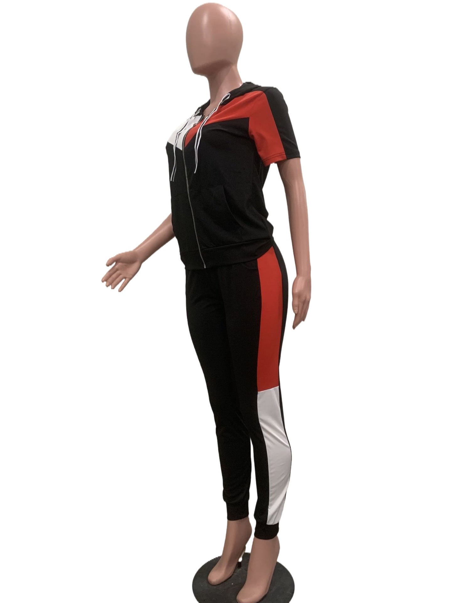 Women Casual Color Block Zipper Short Sleeve Drawstring Hooded Top and Pants Two Piece Set 4