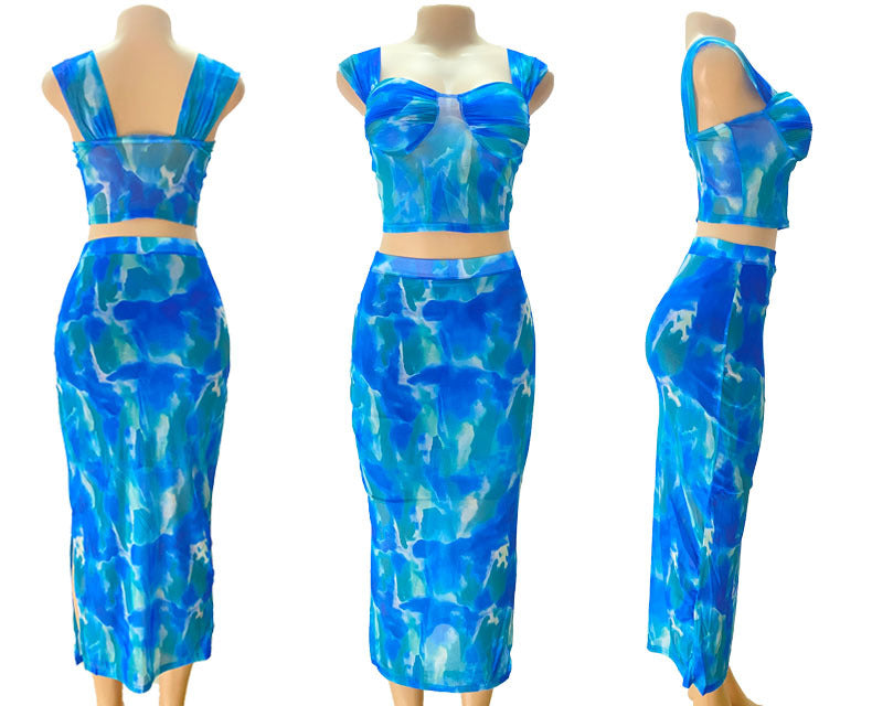Women Sexy Top and Mesh Print Slit Skirt Two-piece Set 12