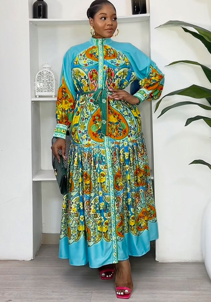 Women French retro print color matching shirt dress