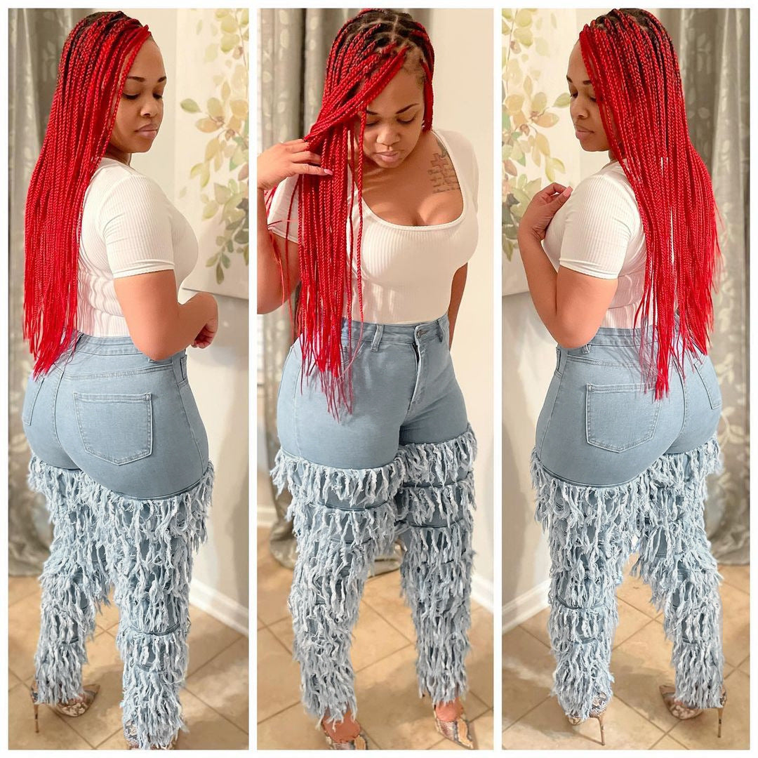 Women's Multi-Layer Frayed Washed Denim Pants