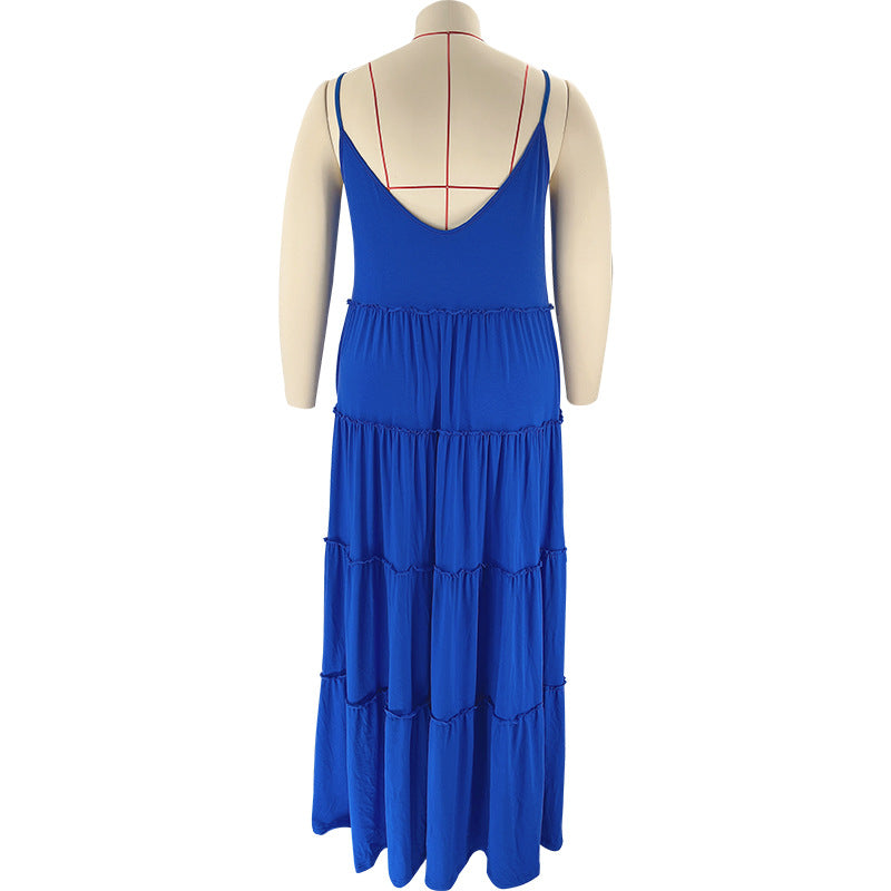 Summer Plus Size Women's Solid Color Sexy Camisole Pleated Patchwork Fashion Casual Dress 22