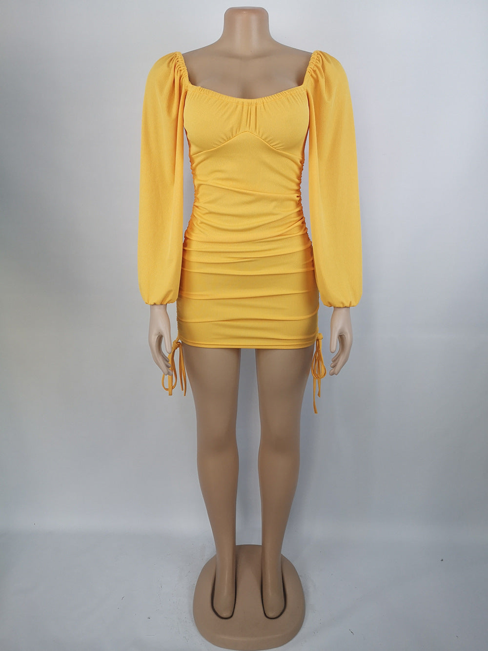 Women Sexy Drawstring Pleated Bodycon Long Sleeve Dress 33