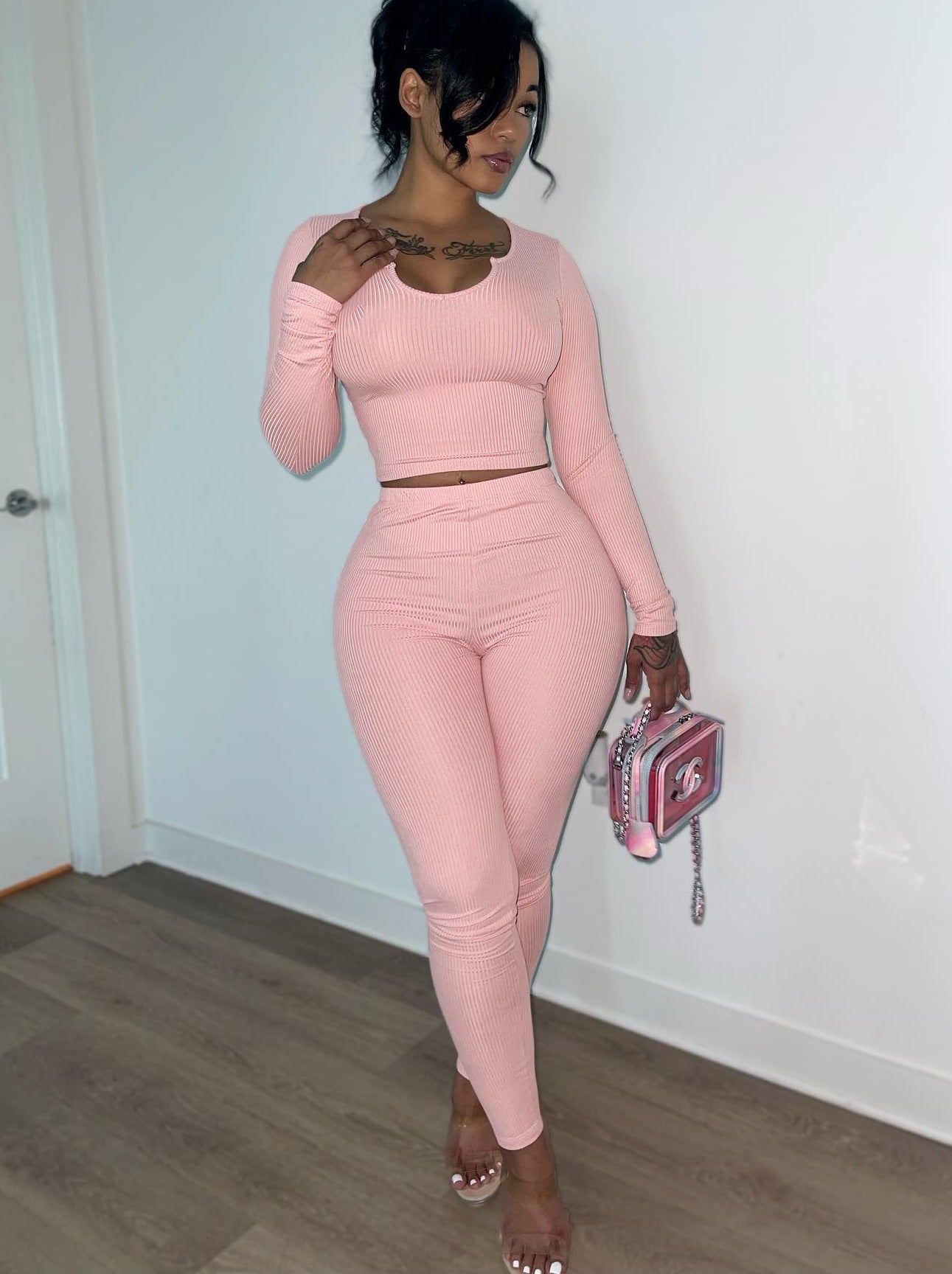 Women Autumn Rib Long Sleeve Top and Pants Two-piece Set 7