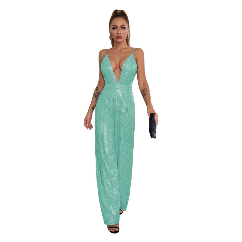 Deep V Neck Low Back Sleeveless Chic Sequined Straps Elegant Women's Party Jumpsuit 32