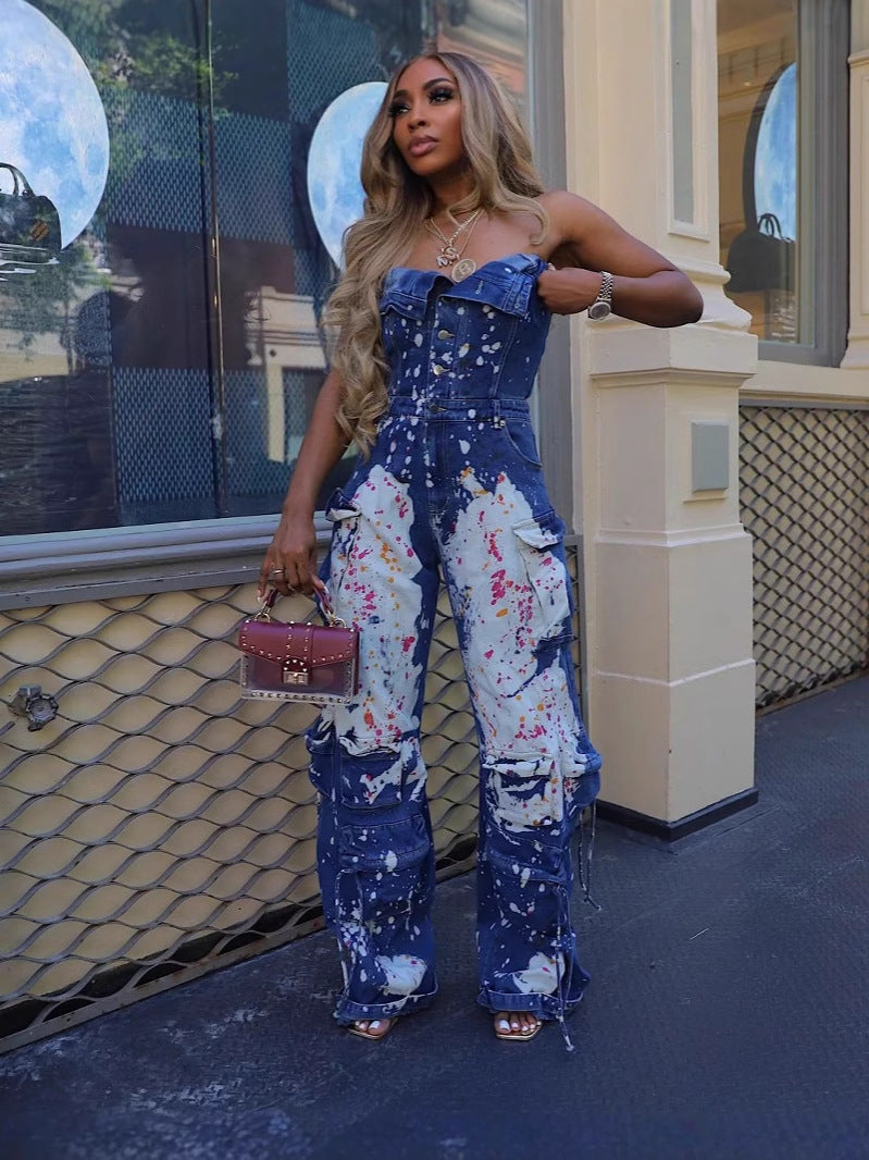 Women Elastic Off-Shoulder Cargo Splash Ink Bell Bottom Denim Jumpsuit 3