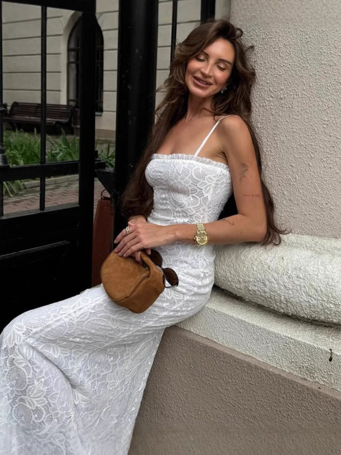 Women Summer Sexy Solid Mesh Patchwork Hollow Strap Dress 3