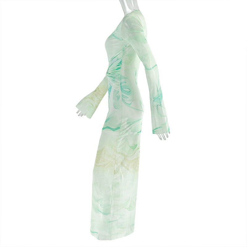 Chic Printed Women's Slim Fit High Neck Long Sleeve Bodycon Dress 7