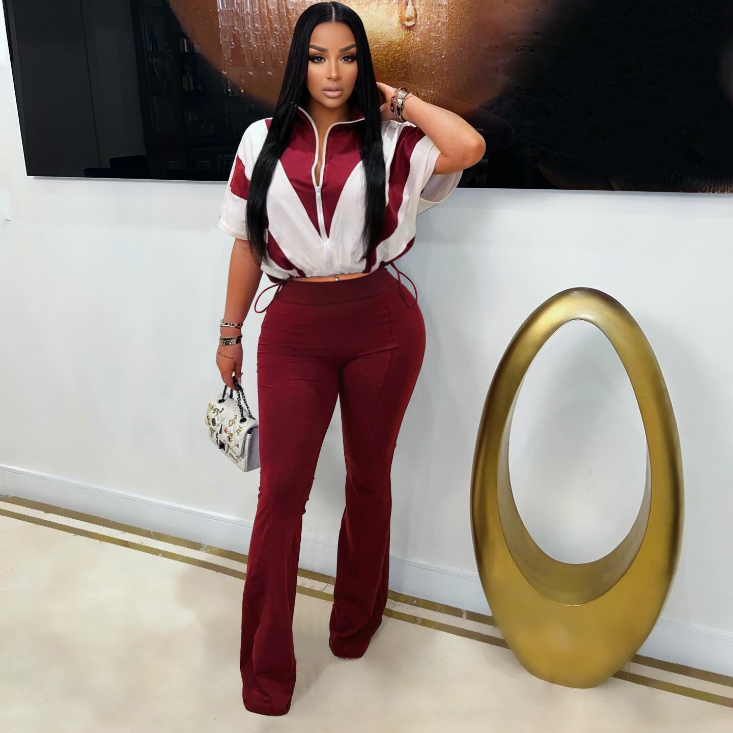 Casual Elastic Slim Waist Color Block Patchwork Sports Two Piece Pants Set for Women 5