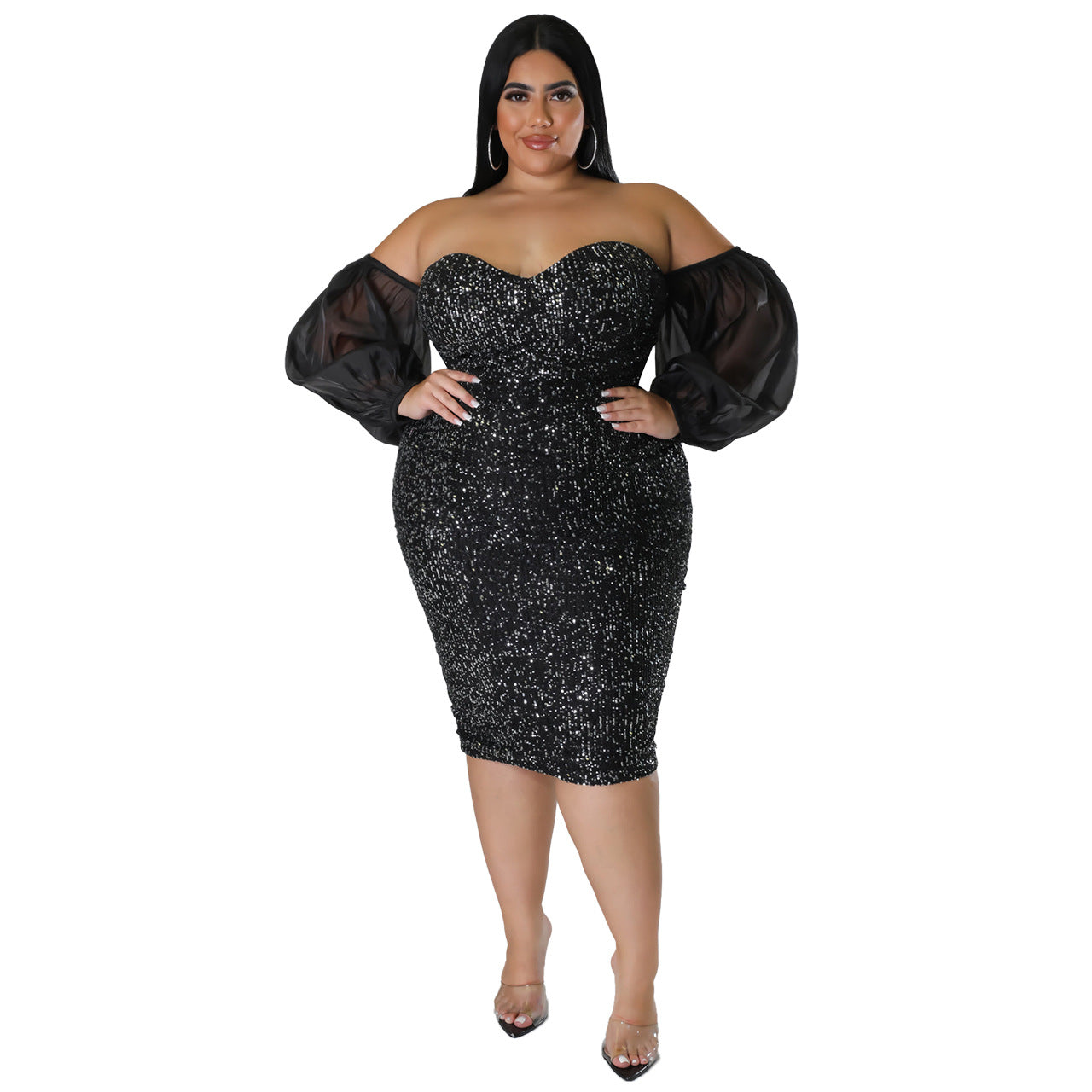 WomenSexy Sequins Strapless Mesh Bodycon Dress Evening Dress 12