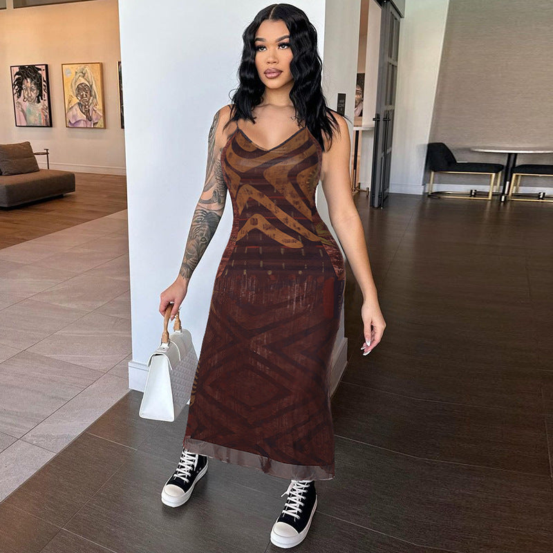 Women Summer Printed Sexy V-Neck Backless Strap Dress 3