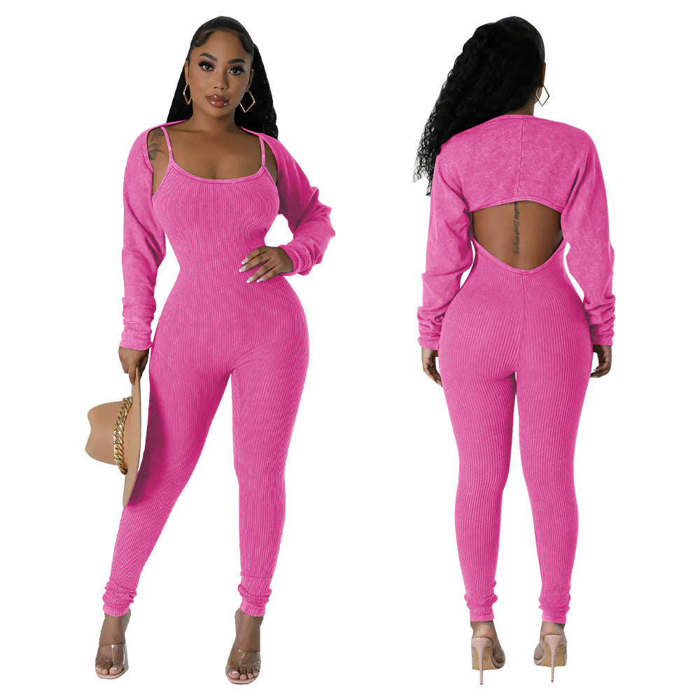 Women's Straps U Neck Sexy Tight Fitting Jumpsuit Long Sleeve Coat Two Piece Set 6