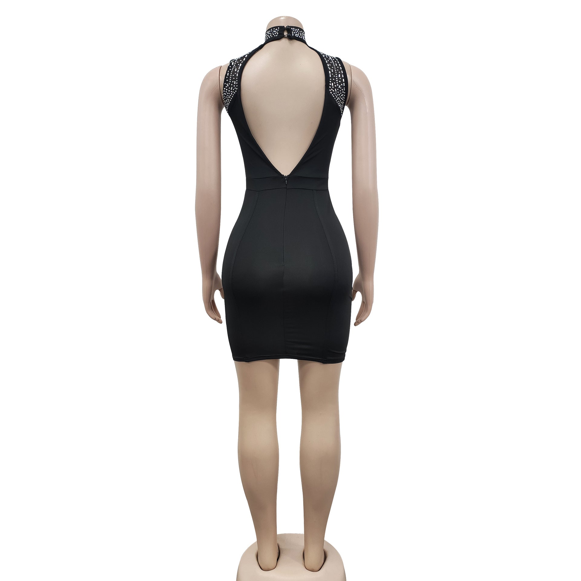 Women'S Fashion Solid Beaded Mesh See-Through Sleeveless Backless Club Bodycon Dress 23