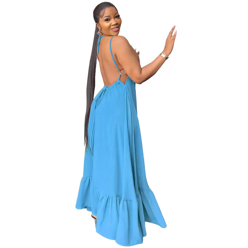 Women Sexy Backless Strappy Elegant Ruffle Dress 8