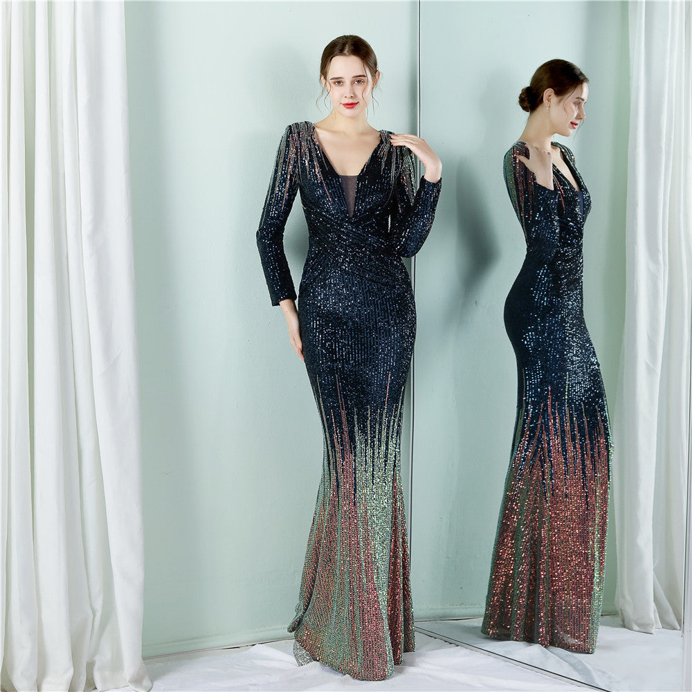 Women Spring Formal V-neck Full Sleeves Gradual change Sequined Mermaid Evening Dress 14