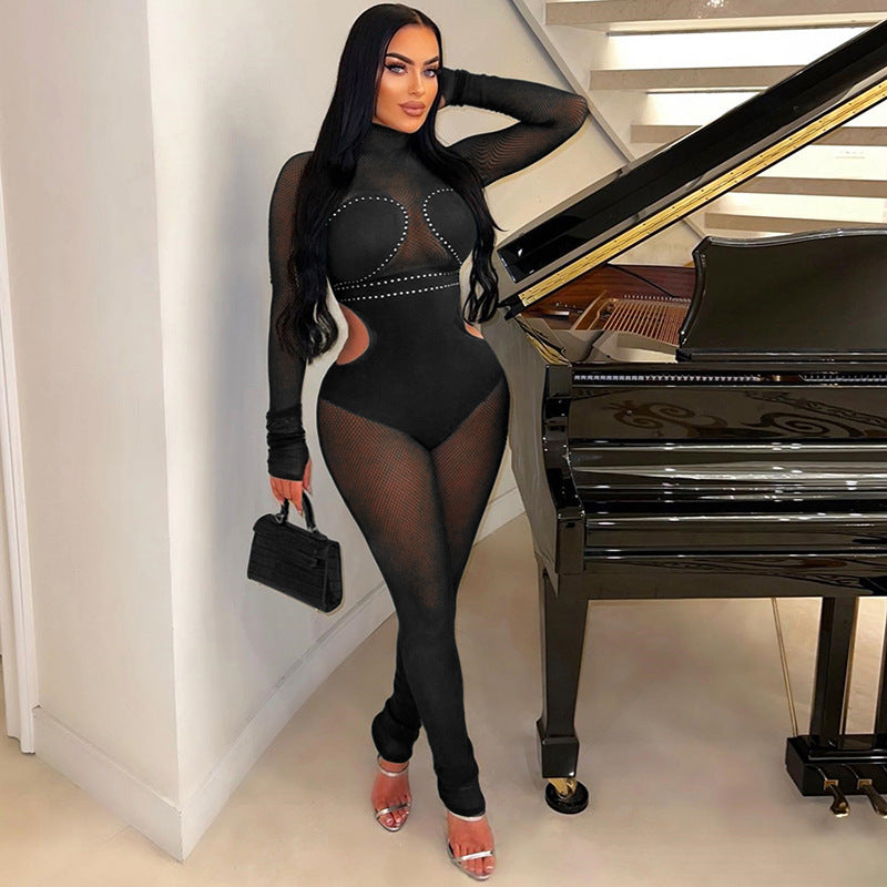 Women's Autumn and Winter mesh Patchwork Beaded See-Through Sexy Tight Fitting Butt Lift Jumpsuit 3