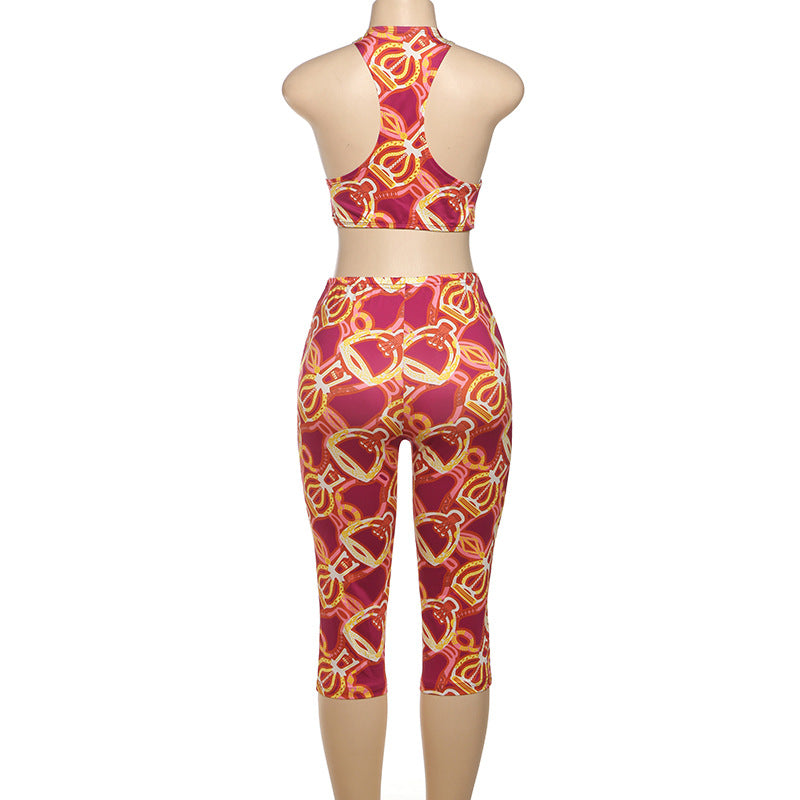 Summer Women's Sexy Color-Block Print Crop Tank Top Tight-Fitting Pants Set 5