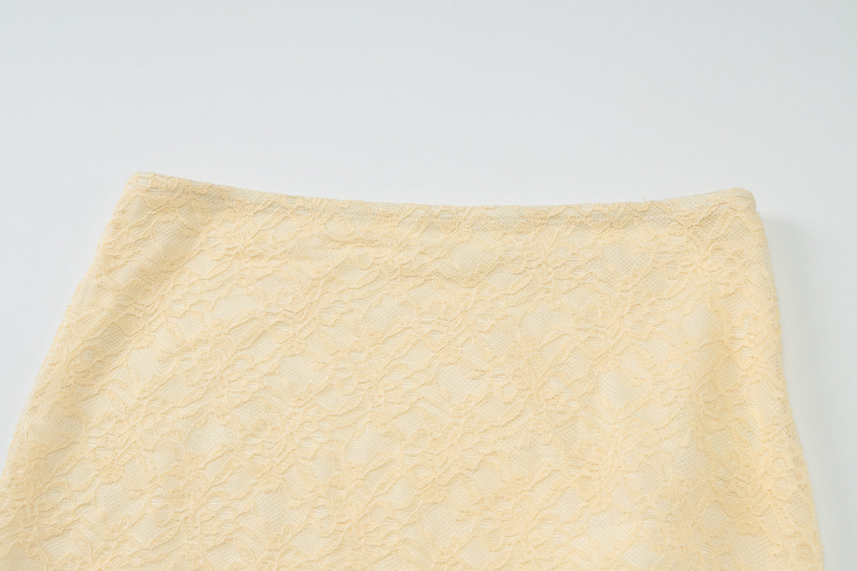 Women Summer Lace See-Through Ruffle Edge Crop Top and Skirt Two Piece Set 13