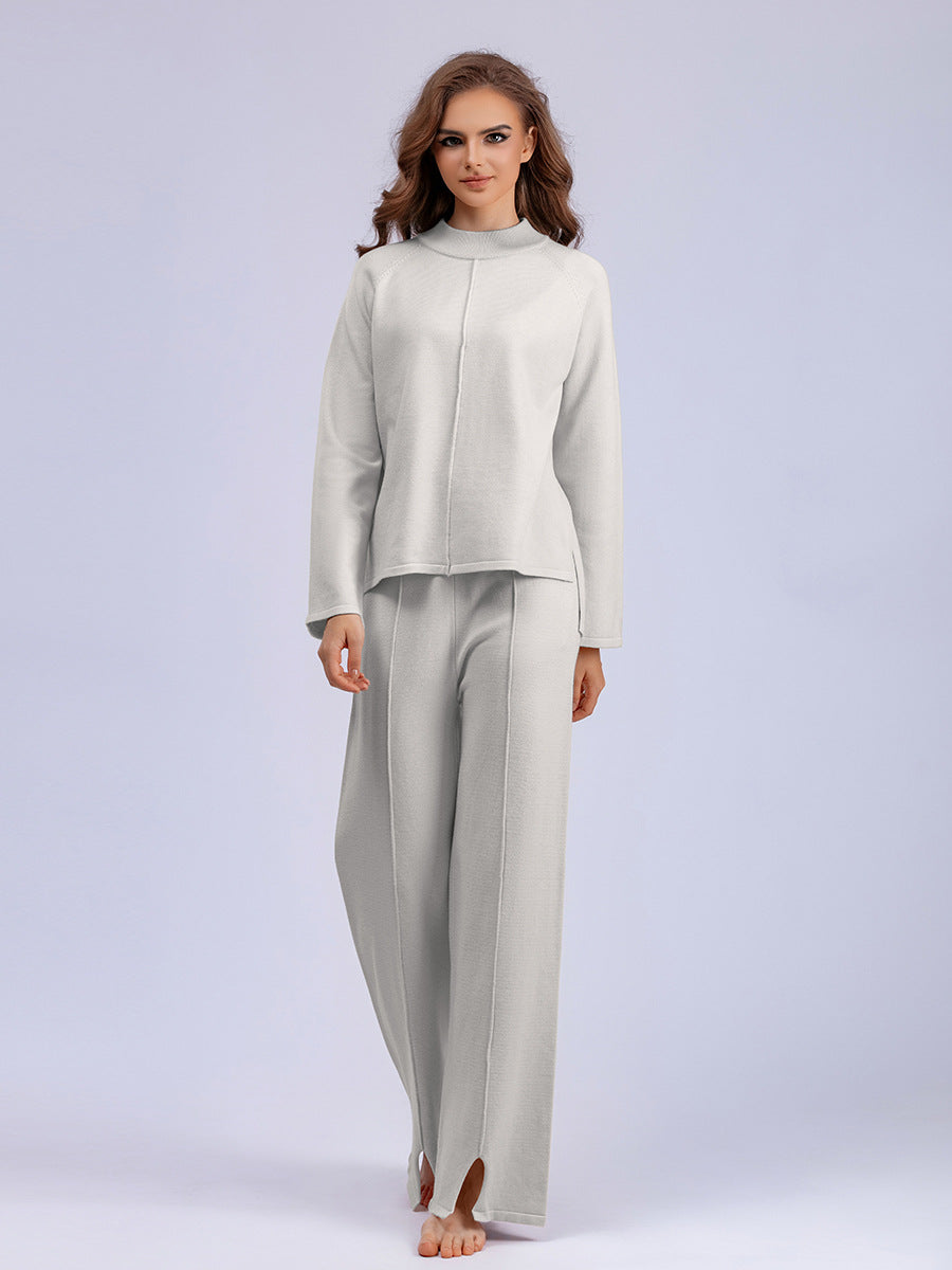 Women autumn and winter loose solid sweater and slit wide-leg pants two-piece set