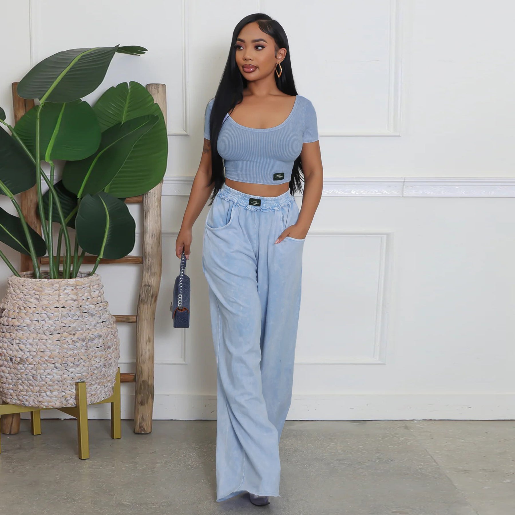 Women Sexy Open Waist U Neck Top and Wide Leg Pants Two Piece Set 8