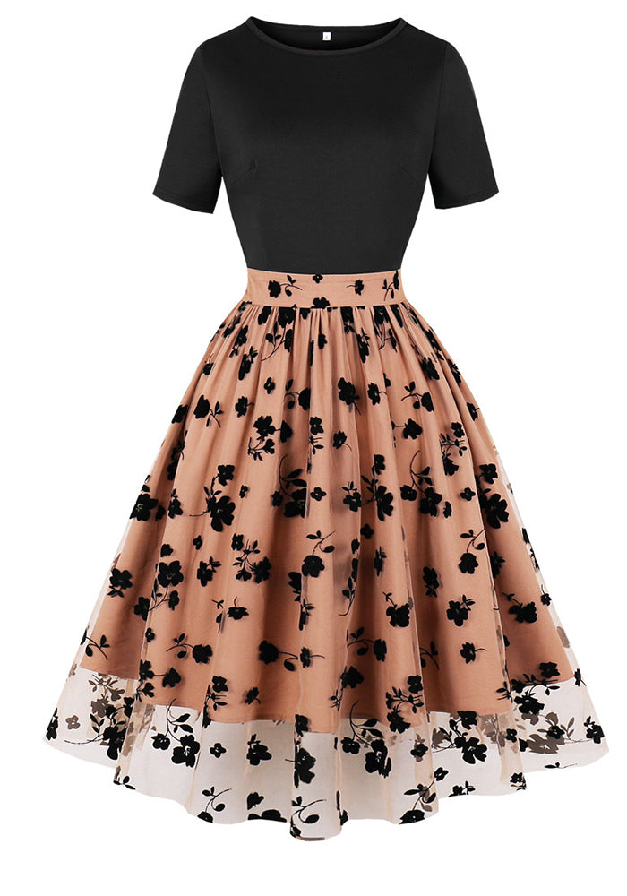 Women's Slim Waist Mesh Patchwork Short Sleeve Round Neck High Waist Chic Retro Swing Dress