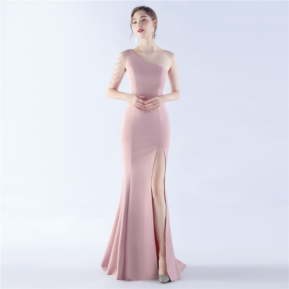 Women Beaded Party Slash Shoulder One Shoulder Slit Evening Dress 12