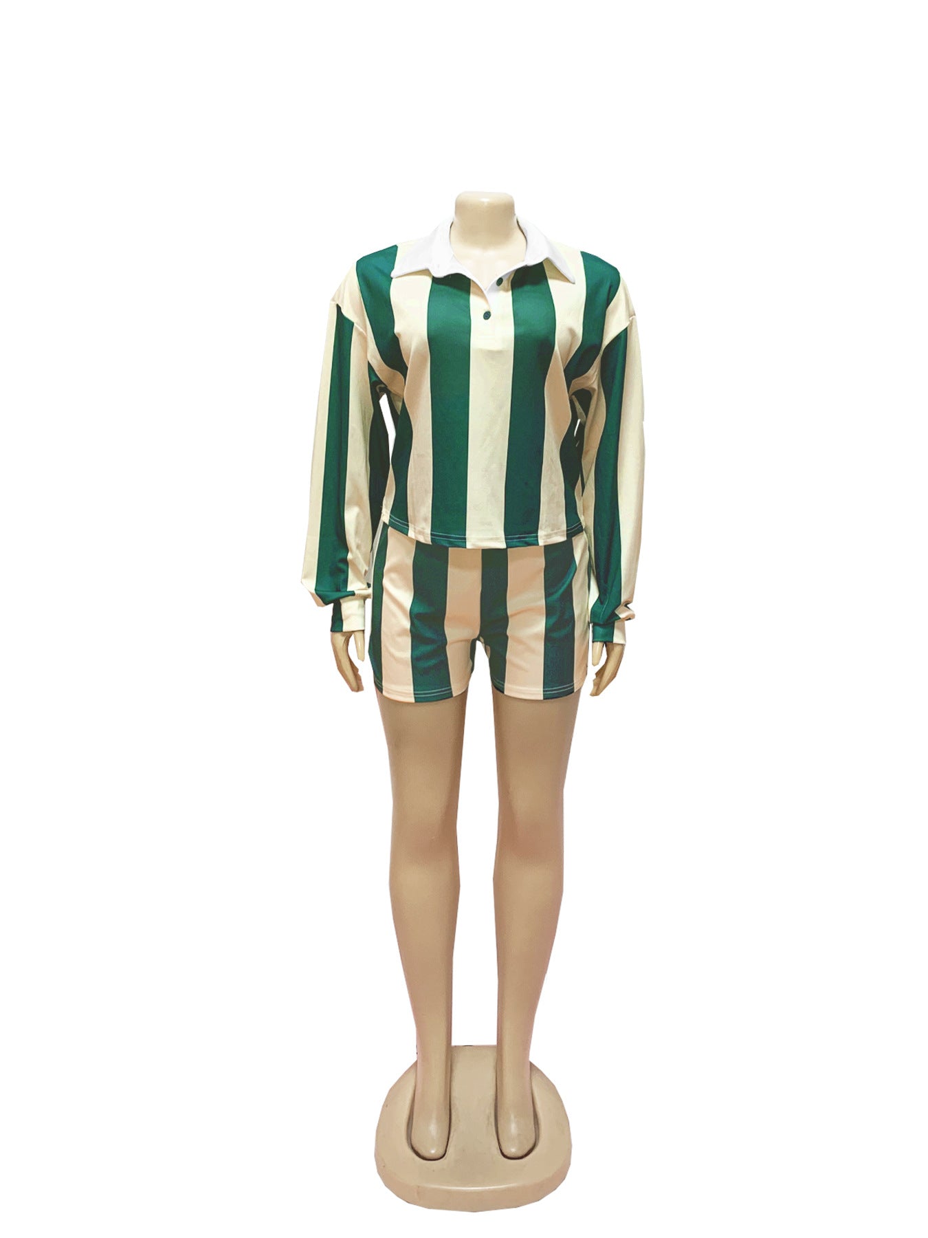 Women Summer Casual Striped Turndown Collar Top and Shorts Two-Piece Set 11