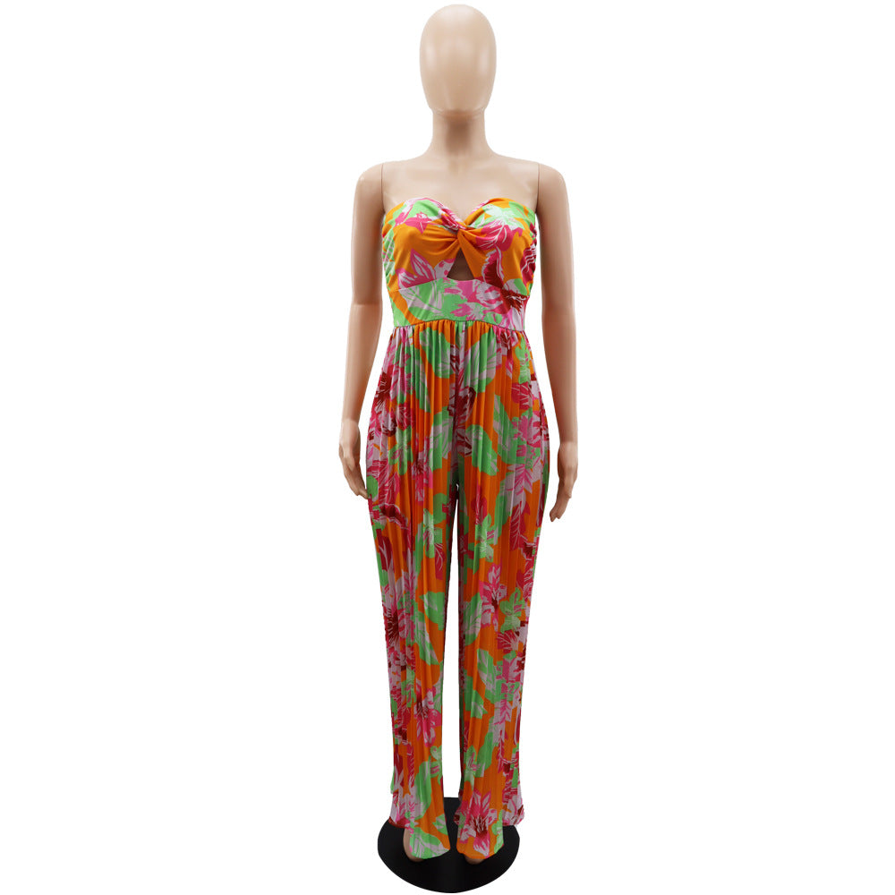 Women Summer Off Shoulder Print Pleated Jumpsuit 13
