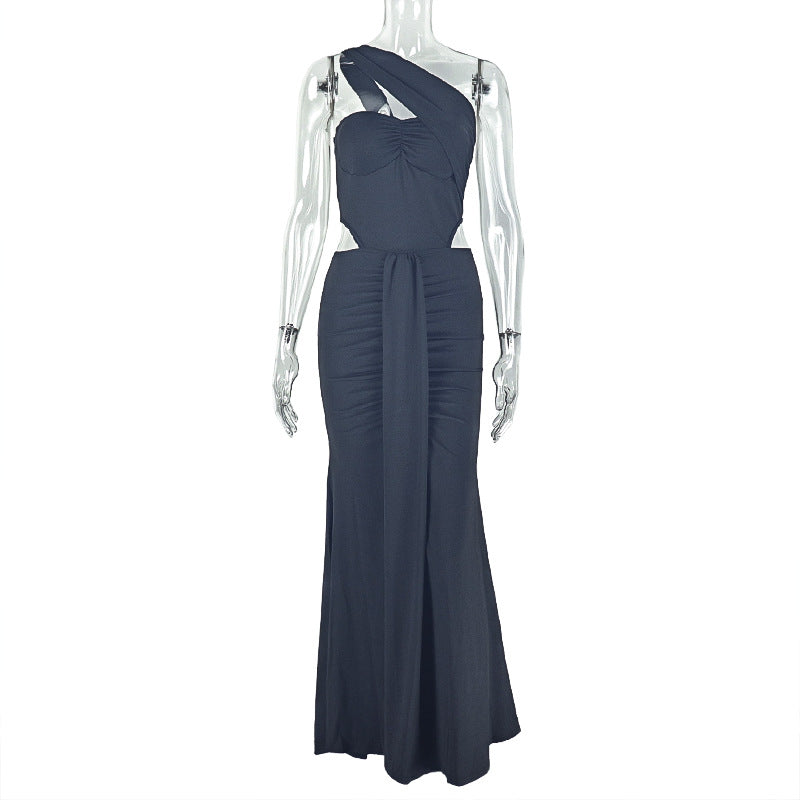 Chic Women’s Pleated Solid Color One-Shoulder Sleeveless Bodycon Long Dress 11