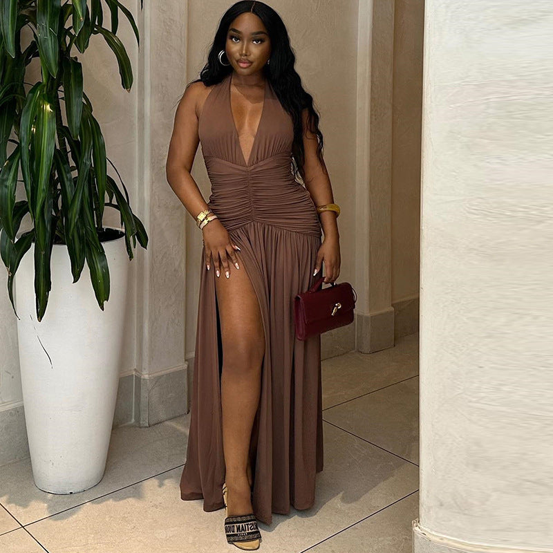 Women Sexy Sleeveless V-Neck Slit Solid Dress 3