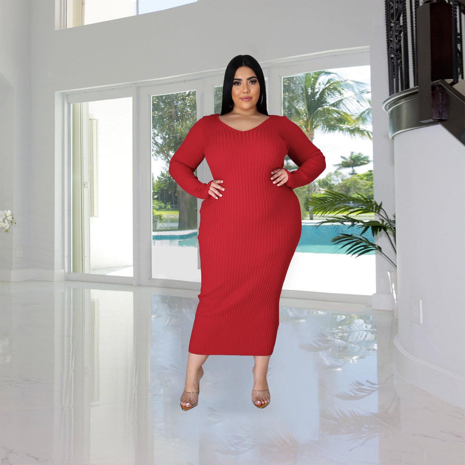 Women Autumn/Winter Solid Long Sleeve Knitting Maxi Dress 6