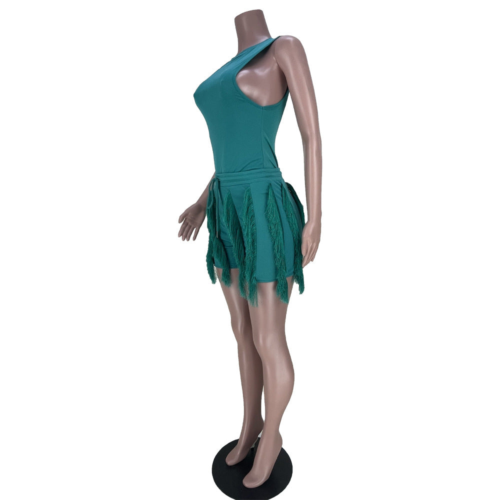 Women'S Sleeveless Tank Top Drawstring Fringe Casual Solid Shorts Two Piece Set 24