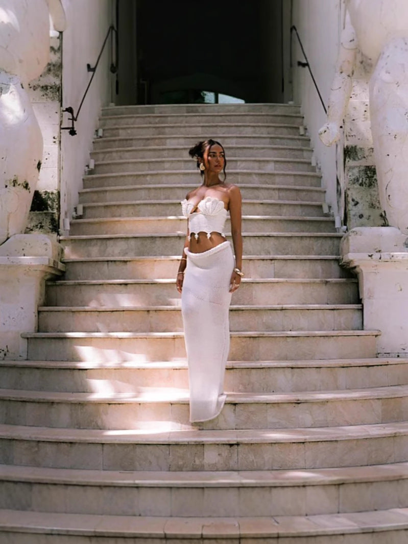 Women summer beaded Strapless Top and Skirt two-piece set 7