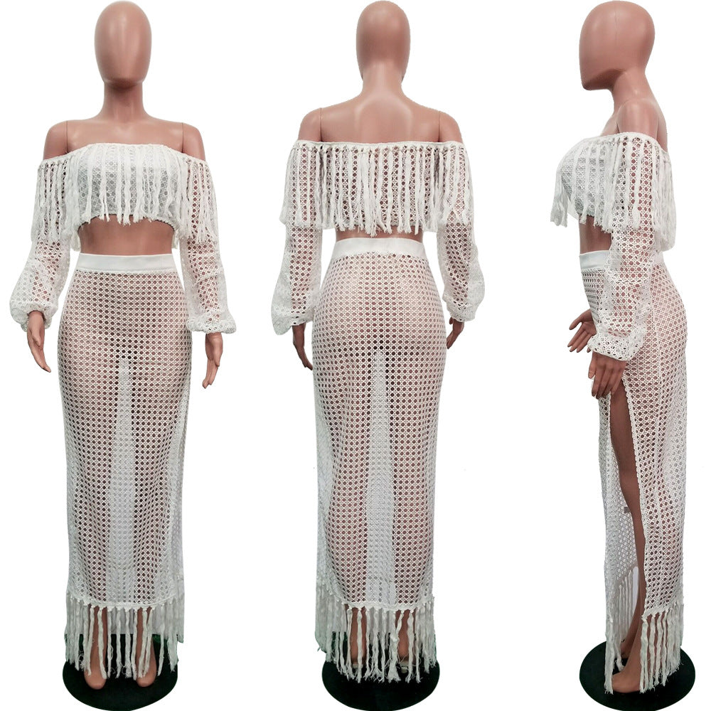 Summer Hollow Sexy Fashion Mesh Tassel See-Through Two-Piece Skirt Set 15