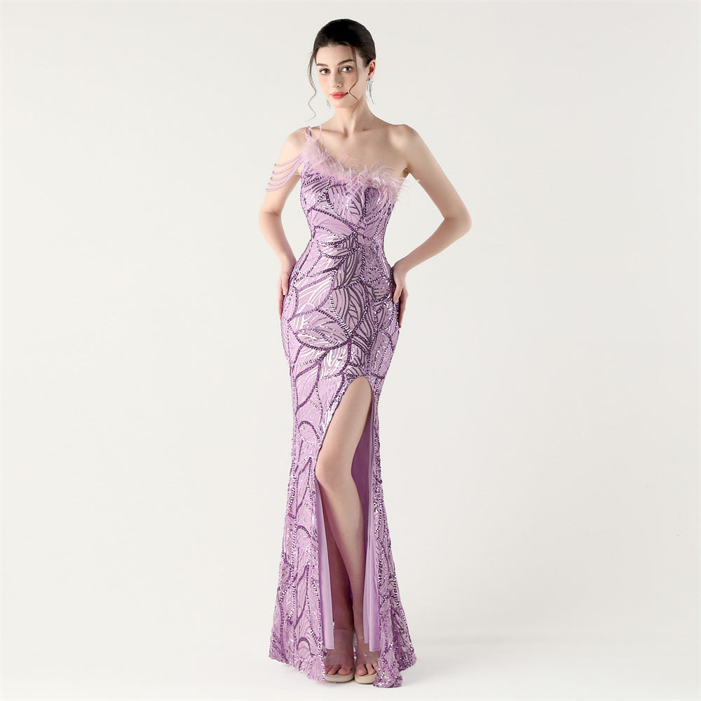 One-Shoulder Sequin Feather Low Back Slim Evening Dress 10
