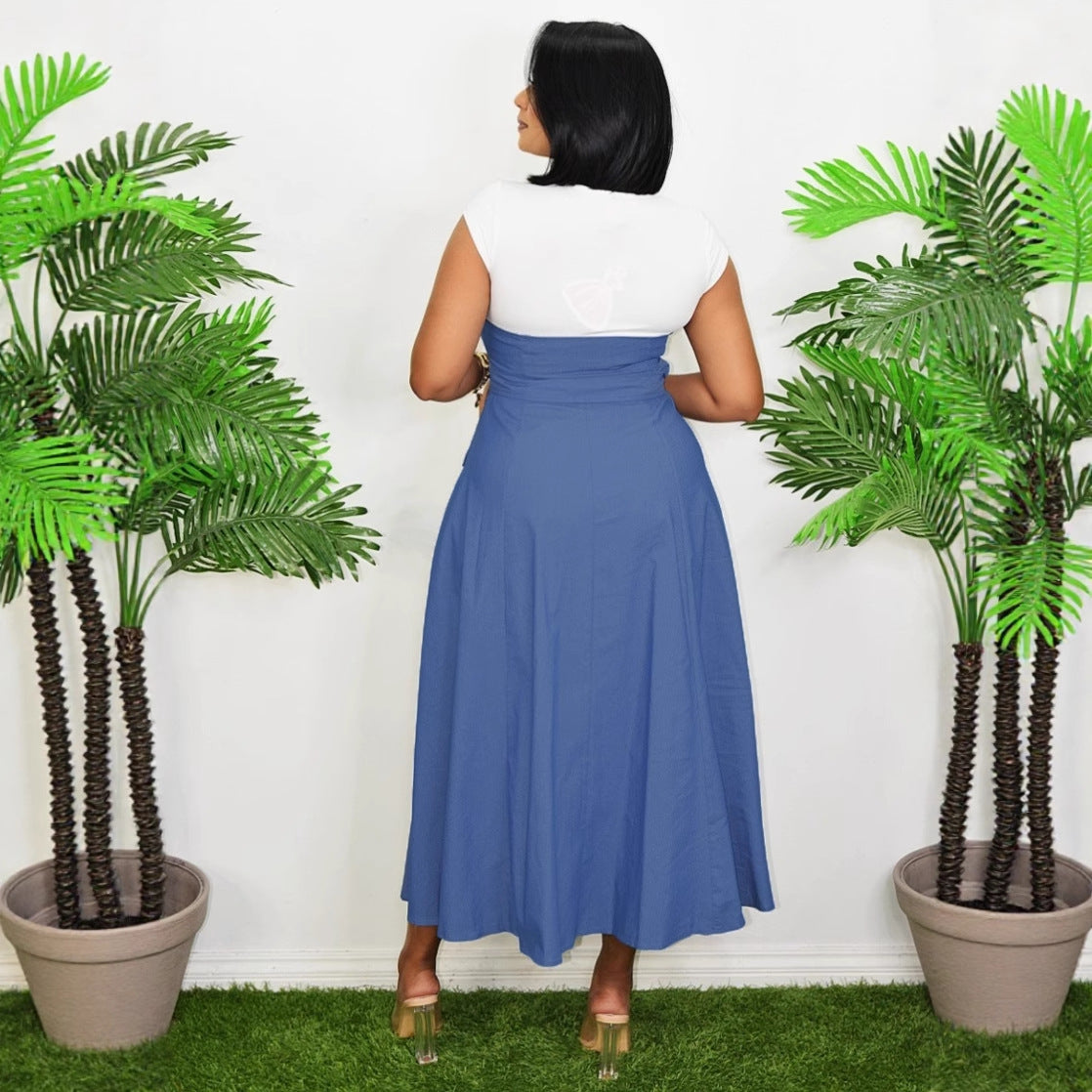 Elegant Career Denim Patchwork Contrast Color Pocket A-Line Dress 4