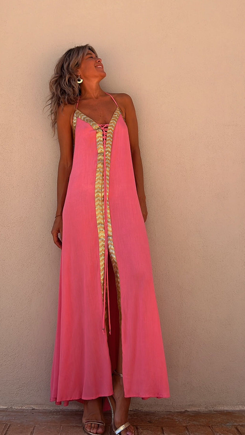 Spring Summer Lace Halter Neck Casual Loose Holidays Swing Dress 8