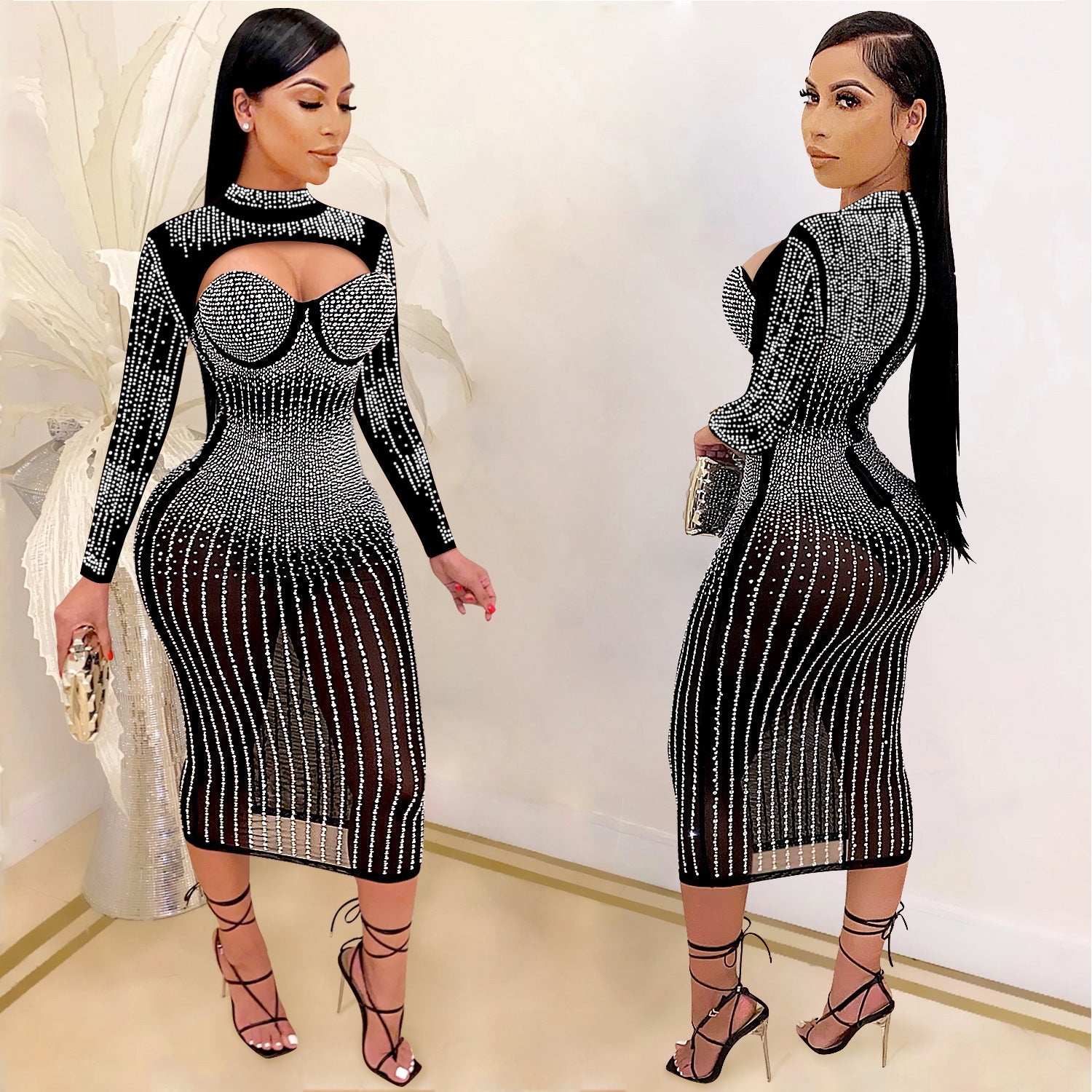 Women Mesh See-Through Beaded Strap Dress 6